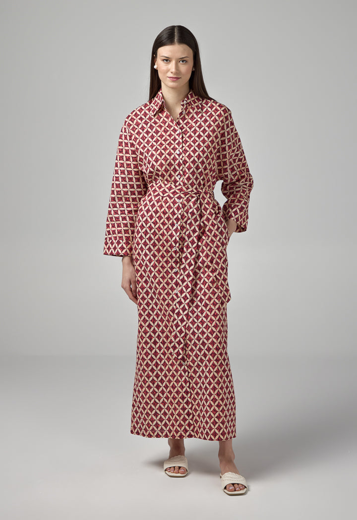 Choice Geometrical Print Belted Shirt Dress Multi Color