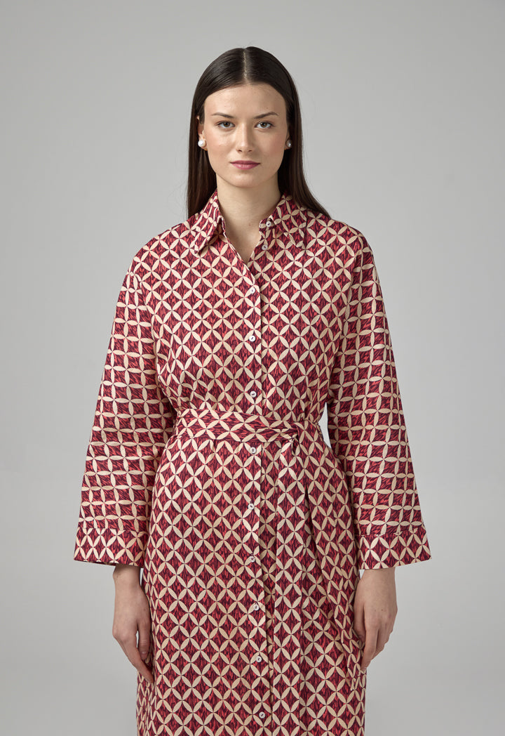 Choice Geometrical Print Belted Shirt Dress Multi Color