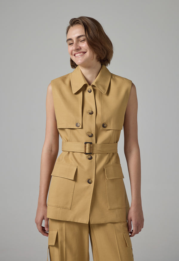 Choice Front Flap Pockets Belted Gilet Camel