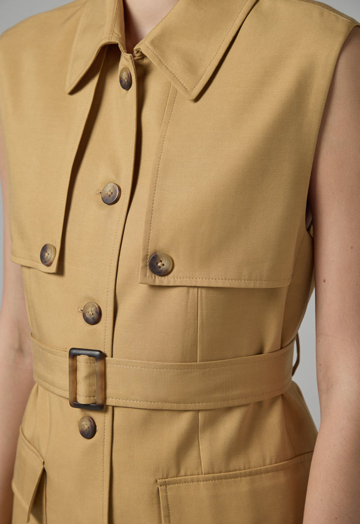 Choice Front Flap Pockets Belted Gilet Camel