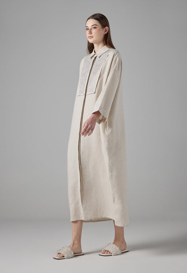 Choice Drop Shoulder Linen Shirt Dress Beige