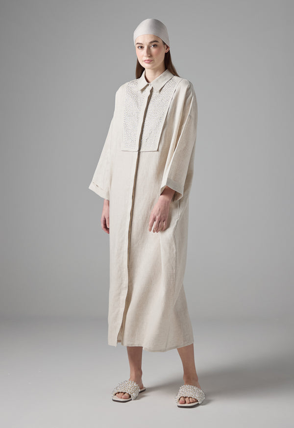 Choice Drop Shoulder Linen Shirt Dress Beige