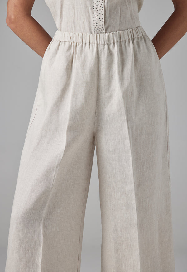 Choice Solid Wide Leg Linen Trousers Beige