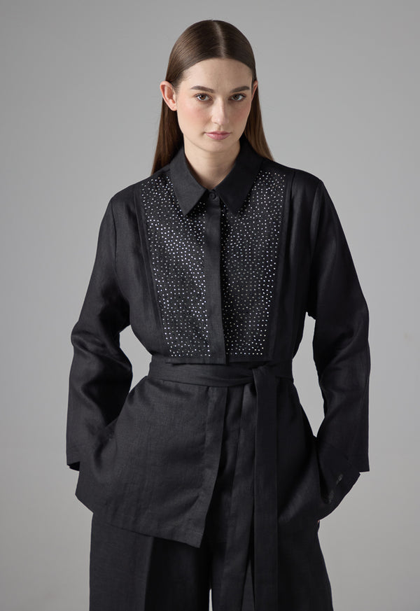 Choice Solid Crystal Embellished Linen Shirt Black