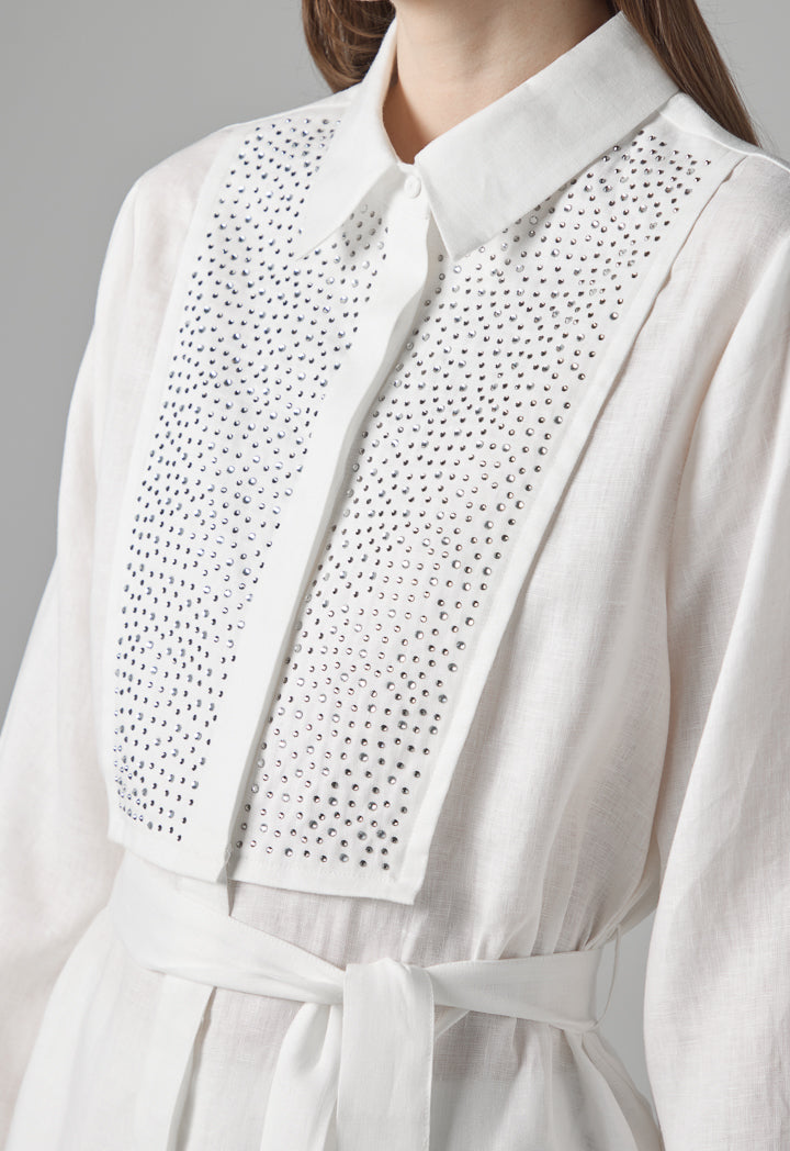 Choice Solid Crystal Embellished Linen Shirt Off White