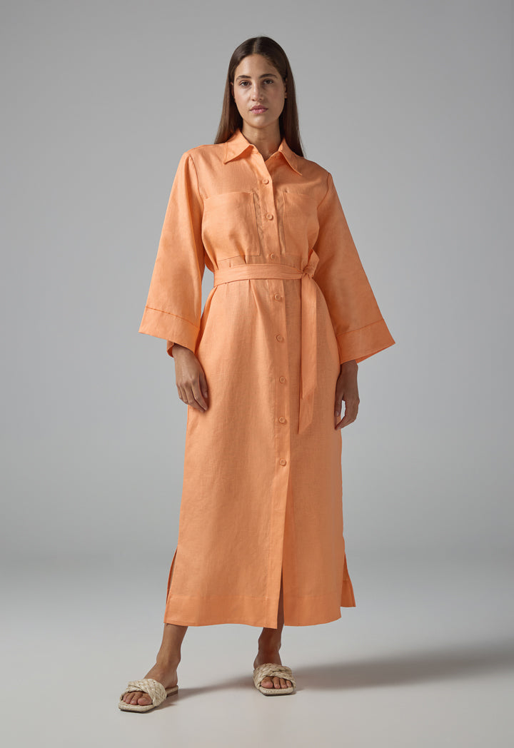 Choice Solid Front Pockets Belted Shirt Dress Orange