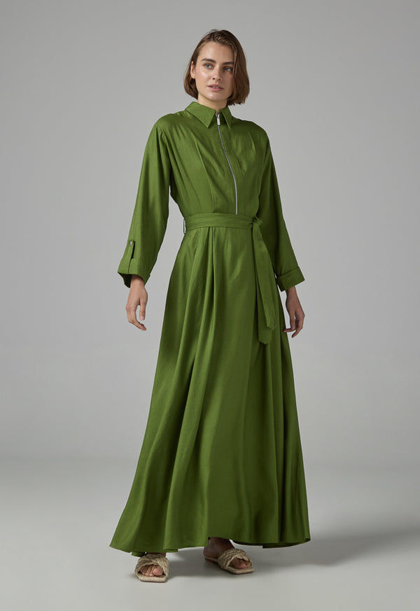 Choice Solid Flared Belted Maxi Dress Green