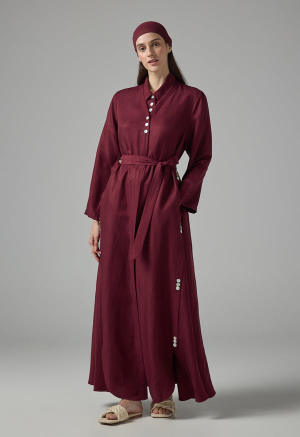 Choice Solid Oversized Maxi Belted Abaya With Hijab Burgundy