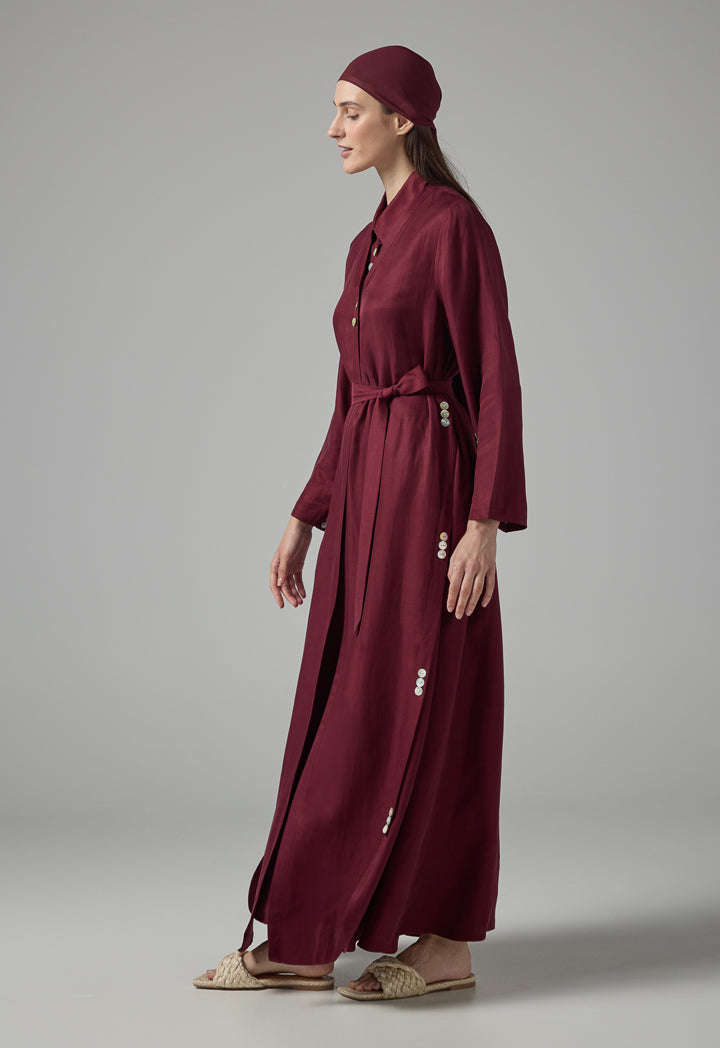 Choice Solid Oversized Maxi Belted Abaya With Hijab Burgundy