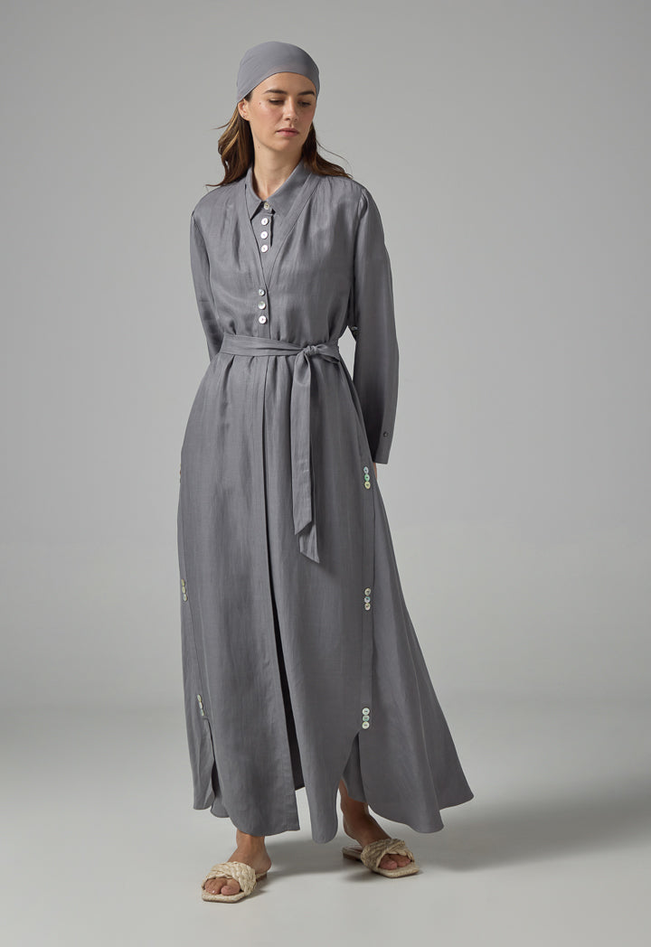 Choice Solid Oversized Maxi Belted Abaya With Hijab Grey