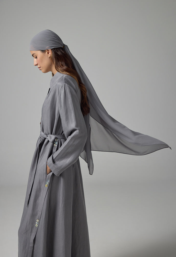 Choice Solid Oversized Maxi Belted Abaya With Hijab Grey