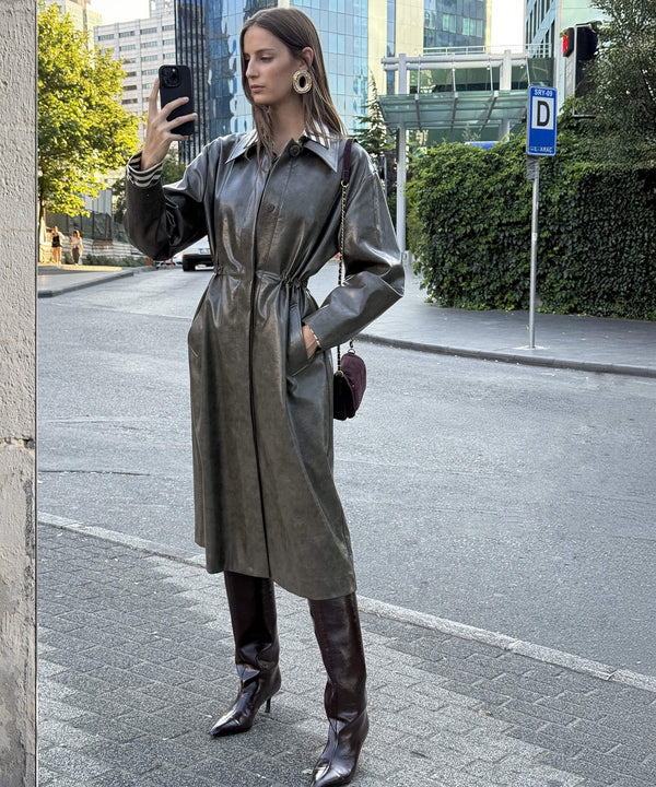Ipekyol Leather-Effect Coat Khaki