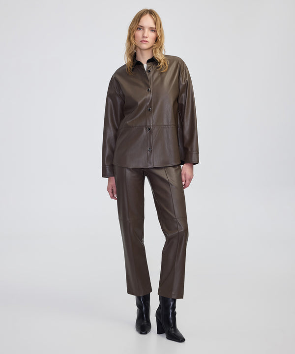 Ipekyol Contrast Collar Leather-Effect Shirt  Brown