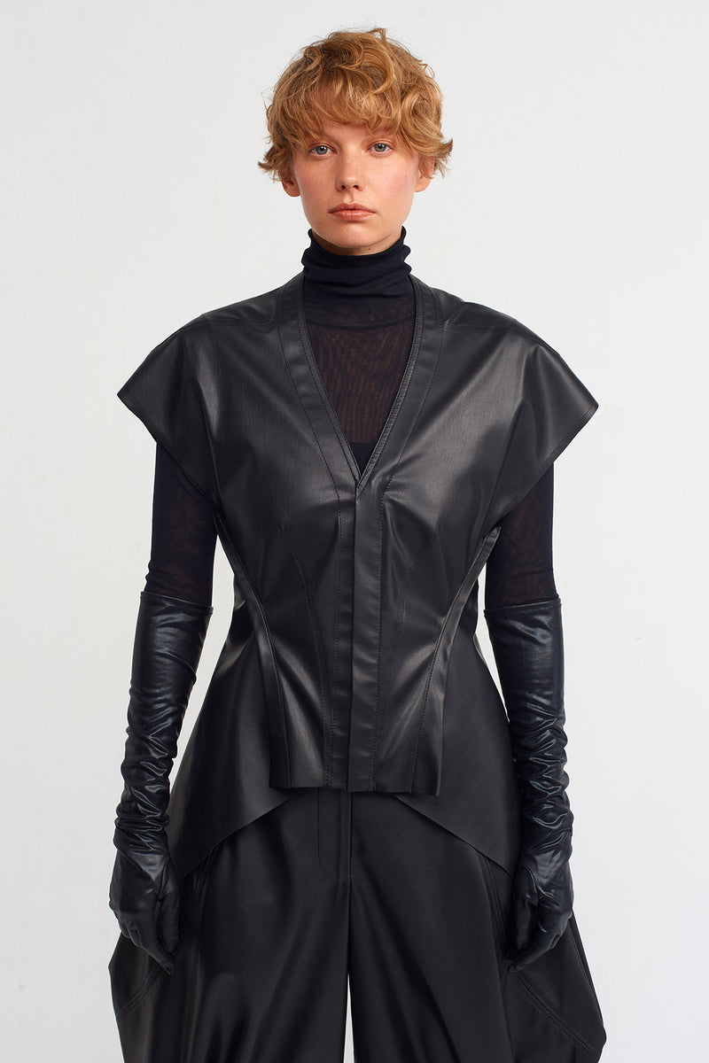 NU V-Neck Leather Look Blouse Black