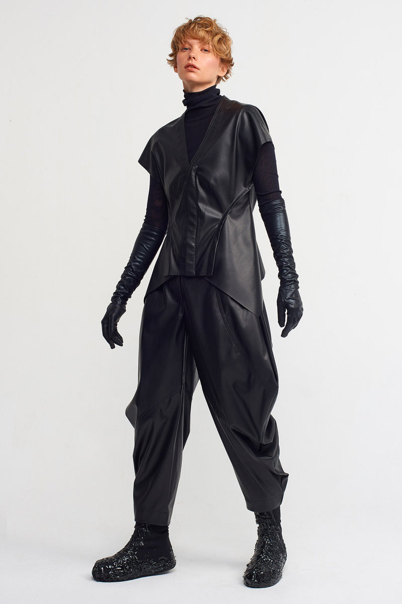 NU V-Neck Leather Look Blouse Black