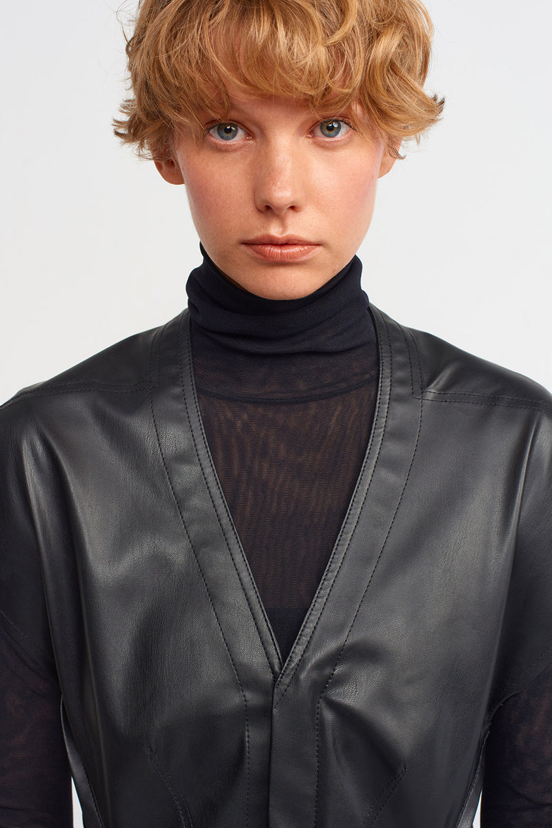 NU V-Neck Leather Look Blouse Black
