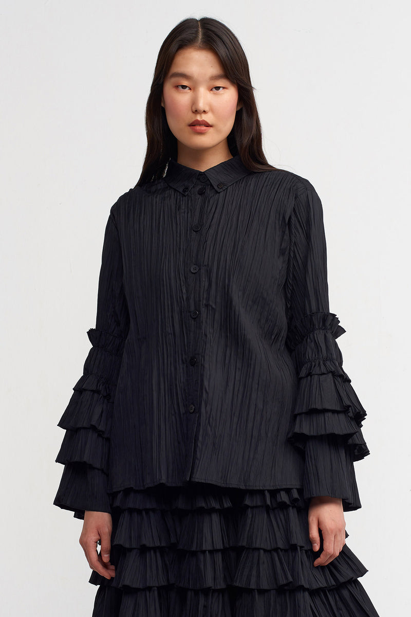 Nu Ruffled Sleeve Detail Shirt Black