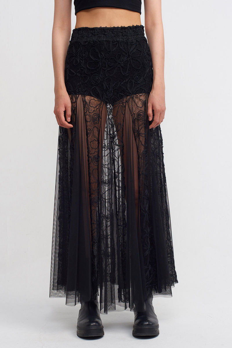 Nu Patterned Tulle Maxi Skirt Black