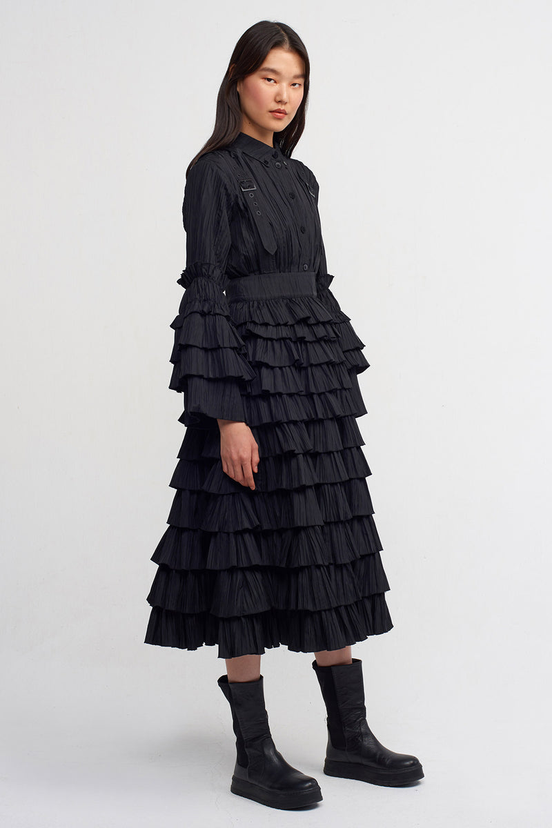 Nu Shoulder Belted Ruffle Skirt Black