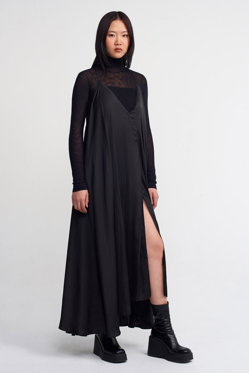 NU Satin Thin Strap Dress Black