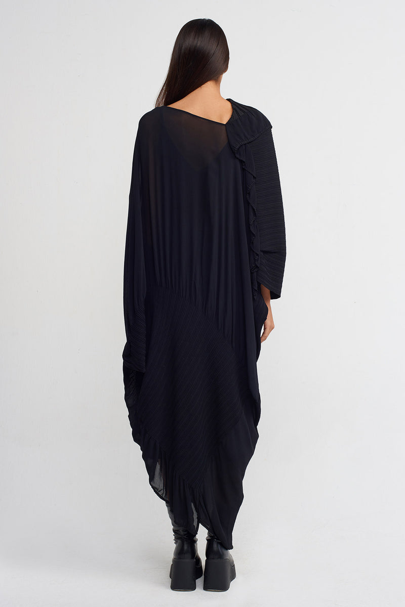 Nu Jacquard Pleated Asymmetric Neck Dress Black