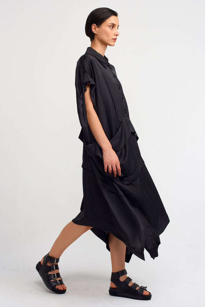 Nu Shirt Collar Asymmetrical Satin Dress Black