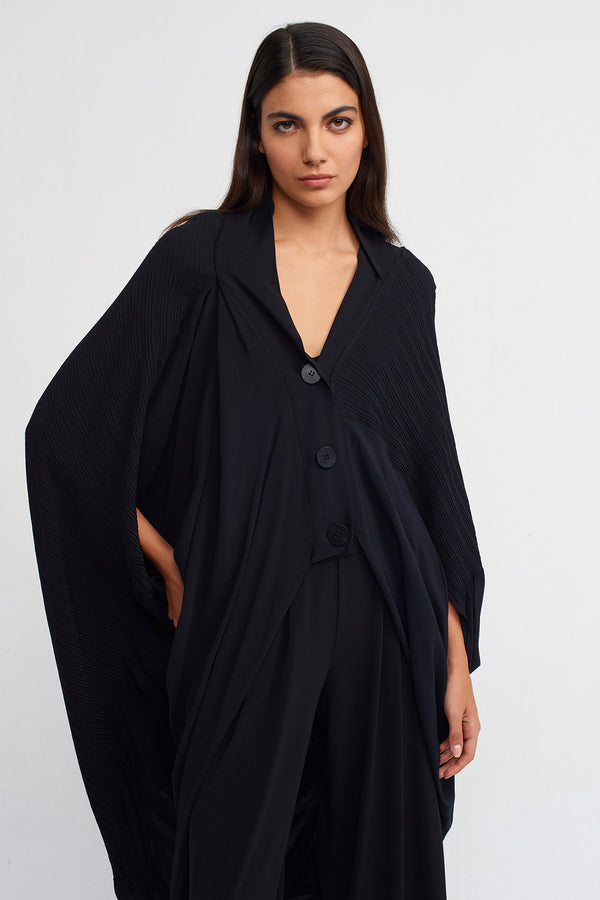 Nu Jacquard Pleated Button-Up Cardigan Black