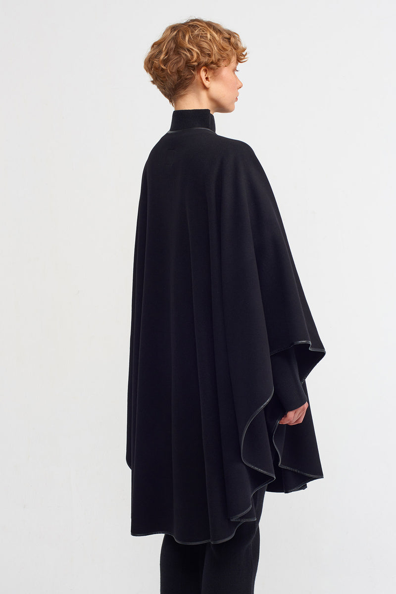 Nu Piping Detailed Wool Poncho Black