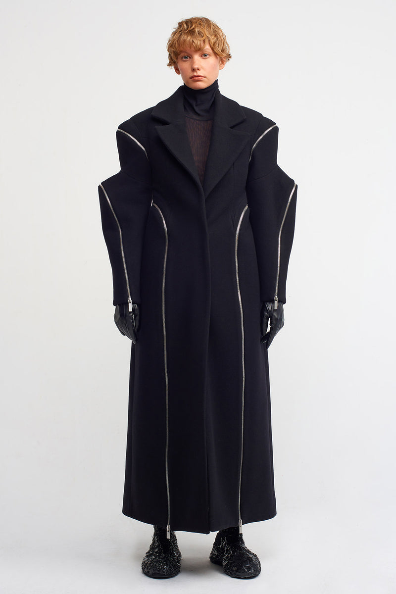 Nu Zipper Detailed Long Coat Black