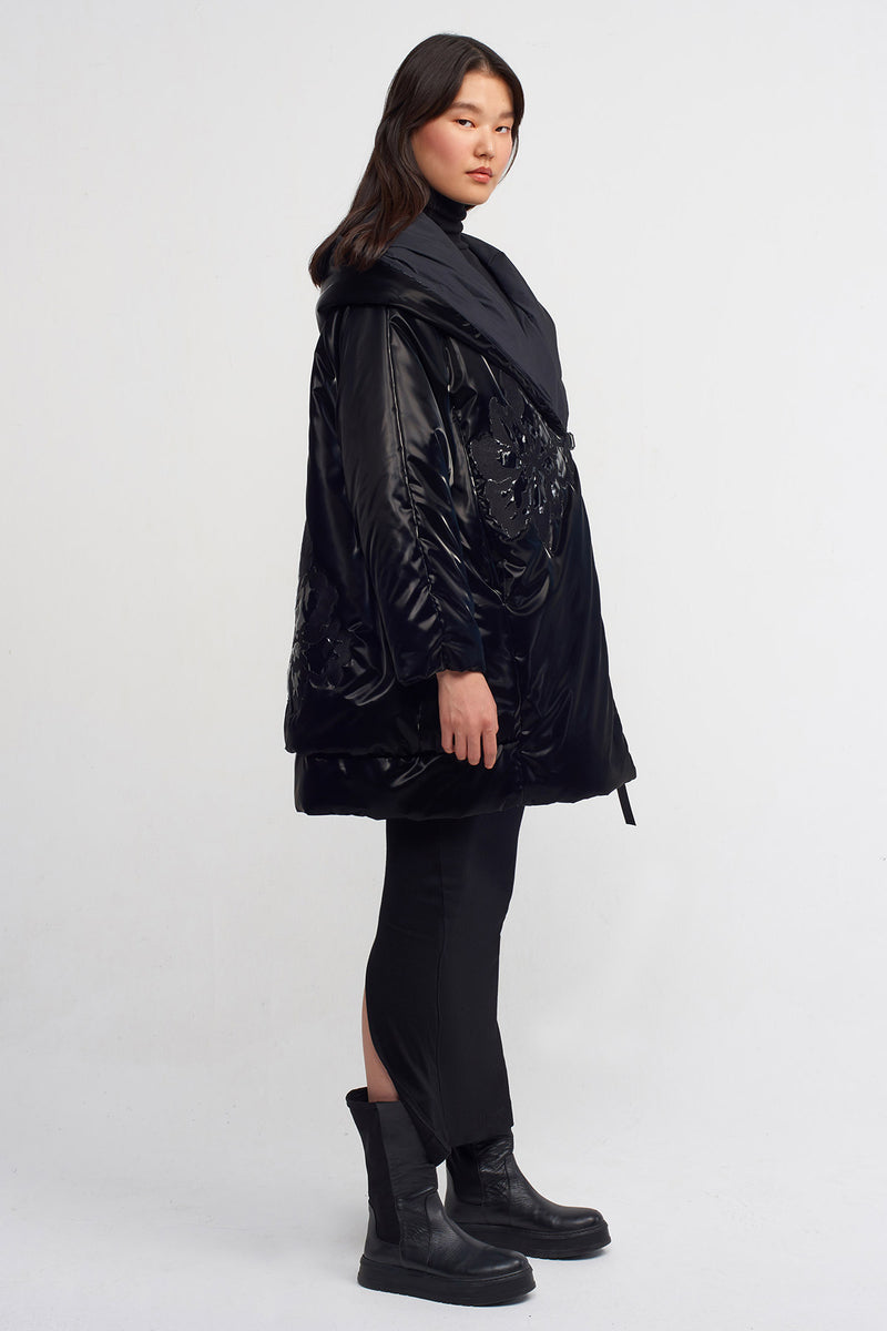 Nu Floral Embroidered Shiny Coat Black