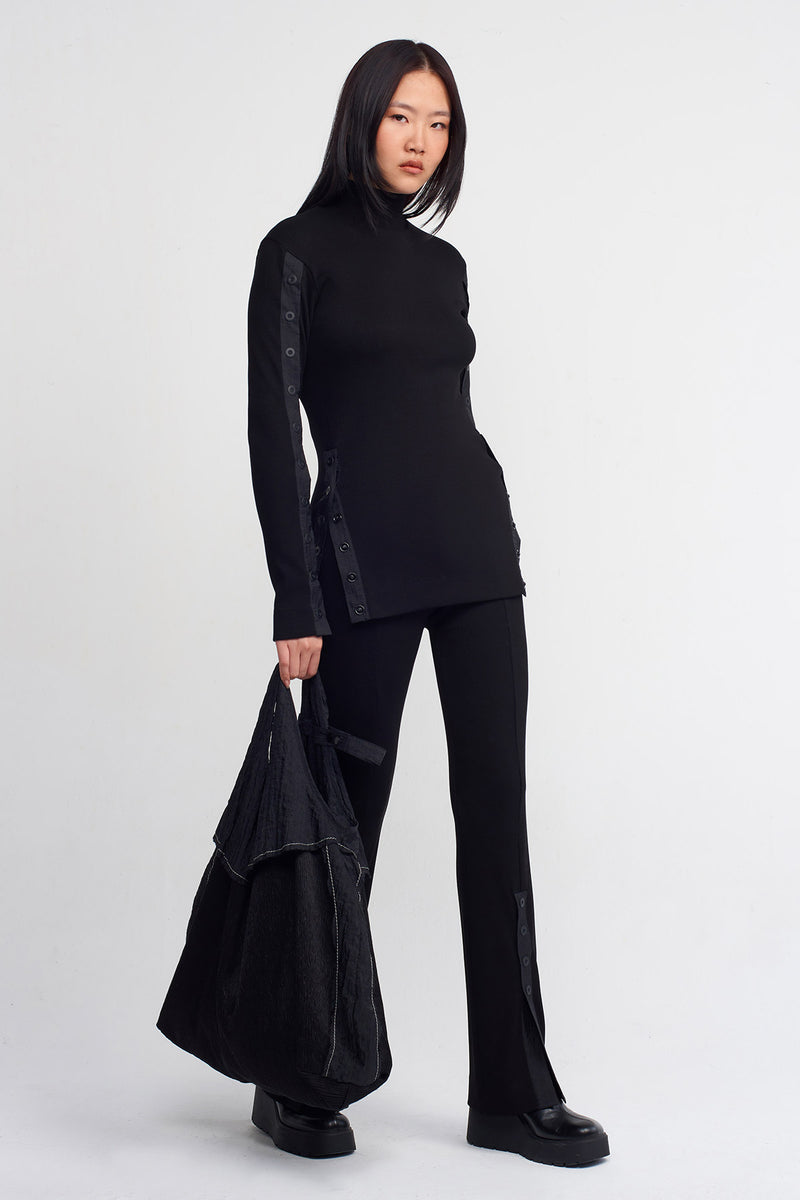 NU Snap Detail Ribbed Blouse Black