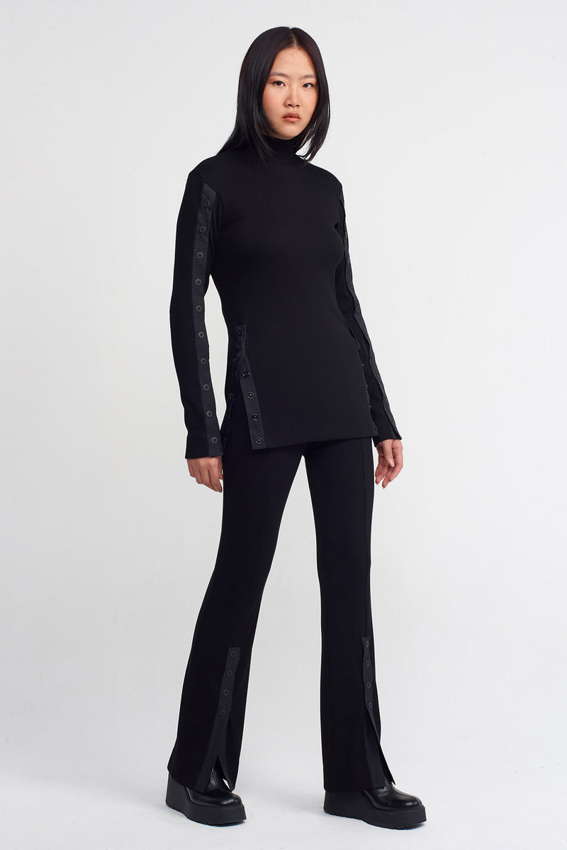 NU Snap Detail Ribbed Blouse Black