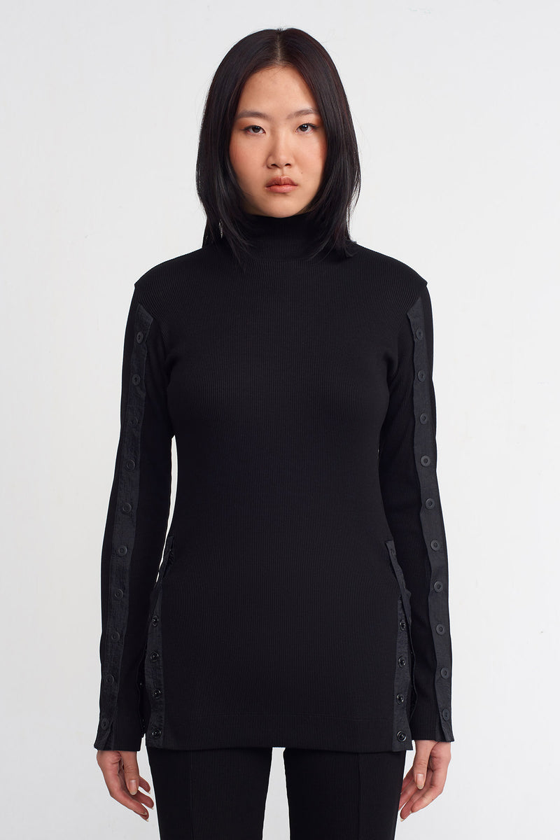 NU Snap Detail Ribbed Blouse Black