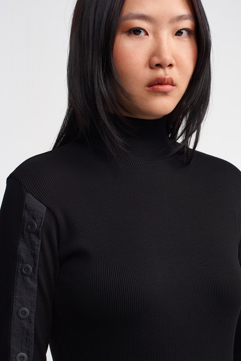 NU Snap Detail Ribbed Blouse Black