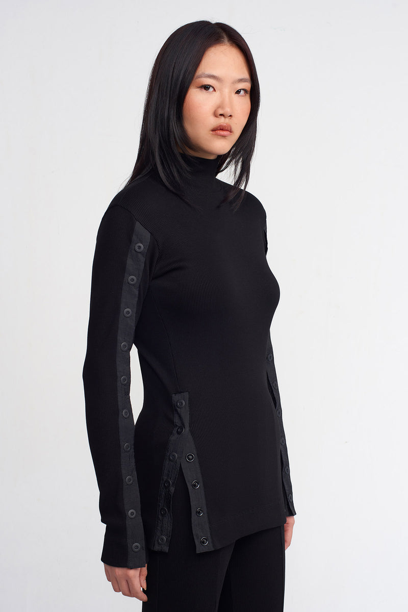 NU Snap Detail Ribbed Blouse Black