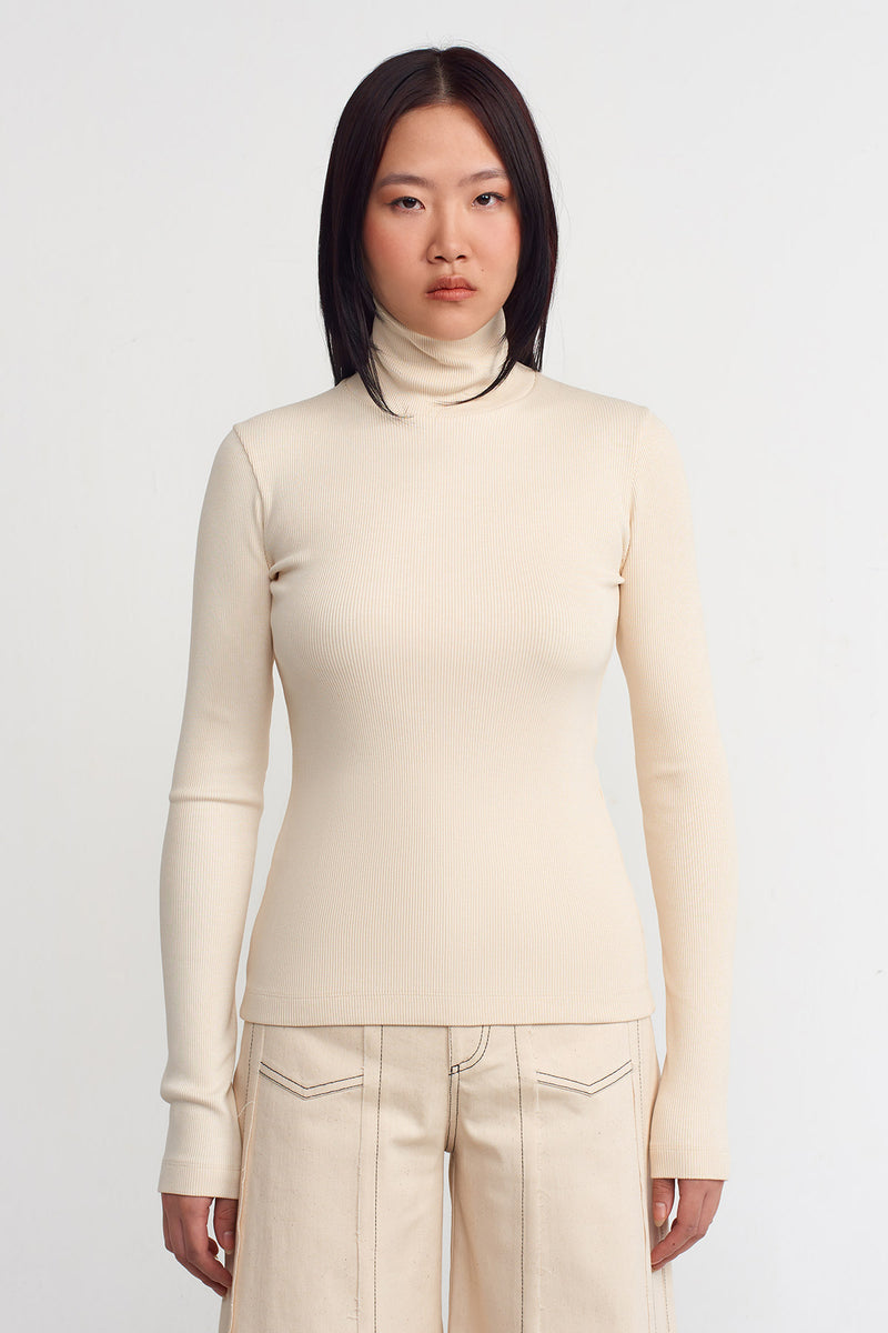 NU Turtleneck Ribbed Top Natural