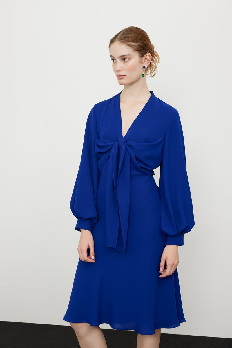 Roman Bow Detail Midi Dress Blue