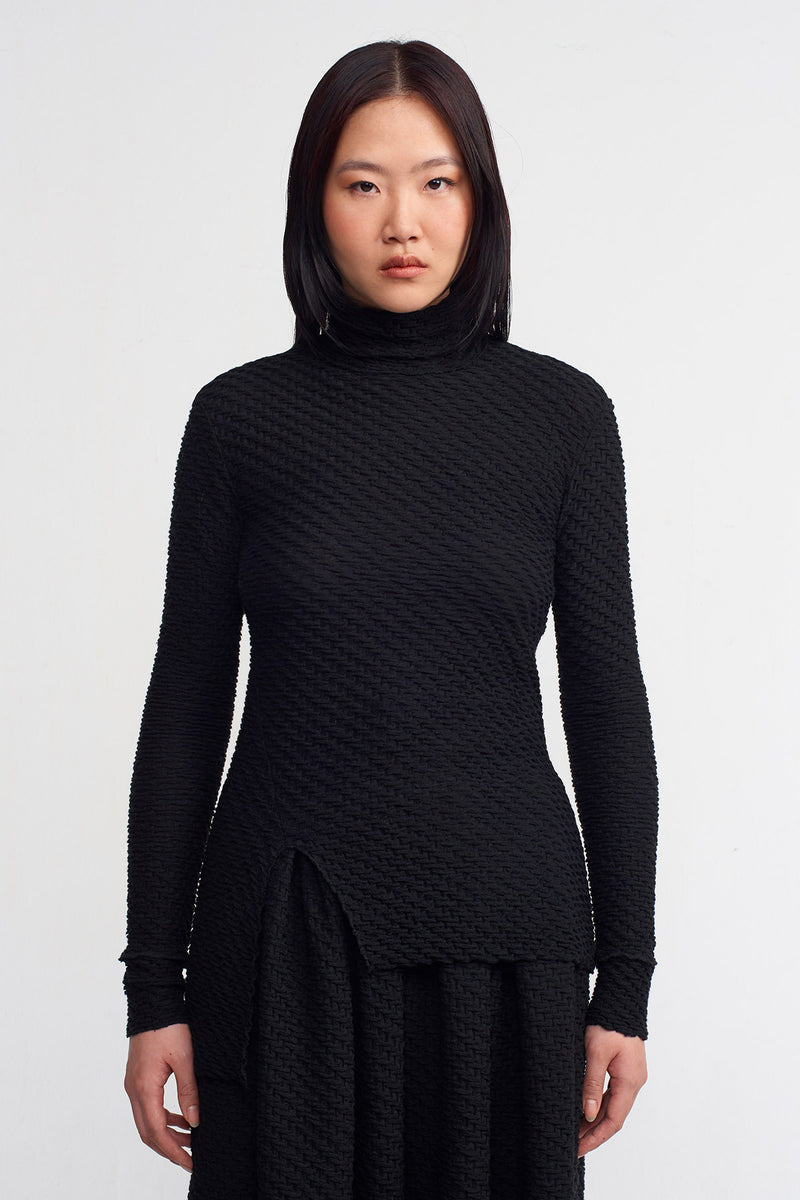 NU Textured Fabric Turtleneck Bodysuit Black
