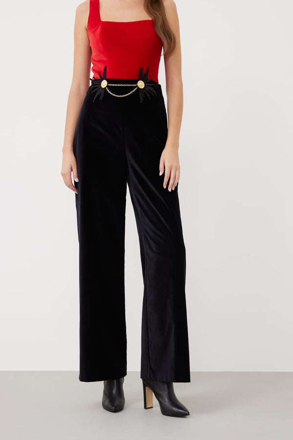 Roman Floral Embroidered Velvet Trousers Black