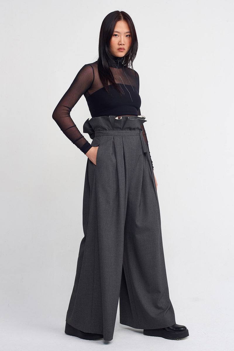 Nu Tie-Waist Palazzo Trousers Dark Grey Melange