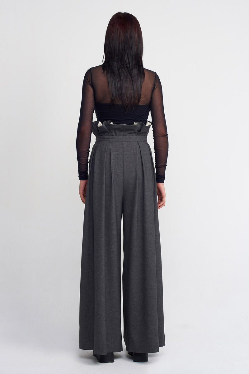 Nu Tie-Waist Palazzo Trousers Dark Grey Melange