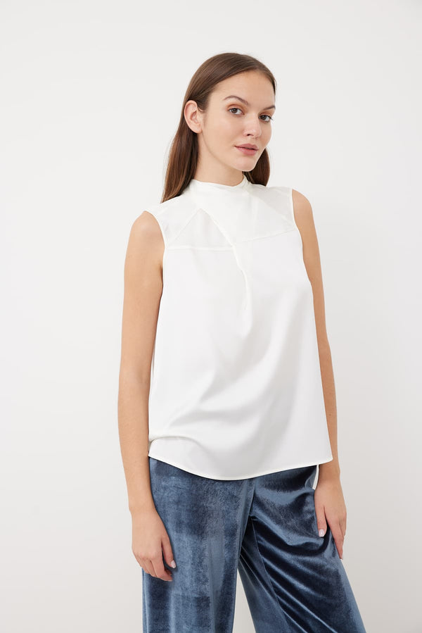 Roman Satin Blouse With Scarf Collar Ecru