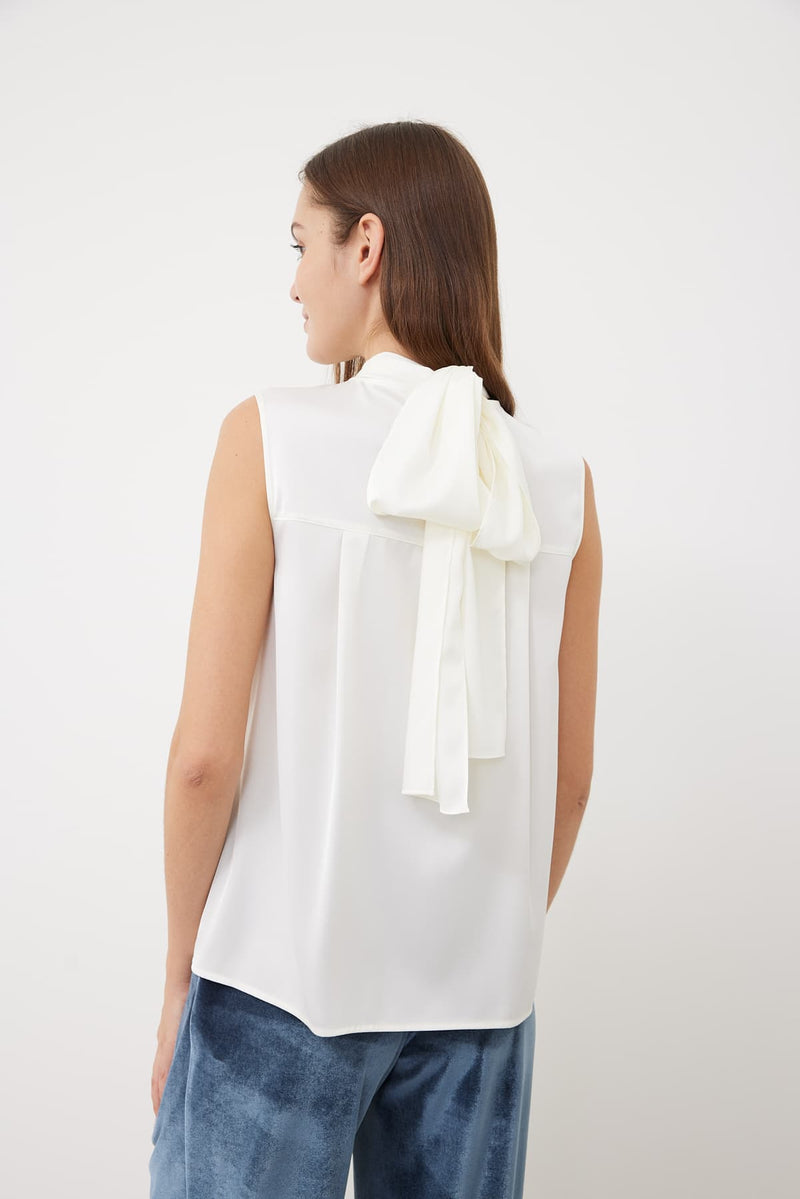 Roman Satin Blouse With Scarf Collar Ecru