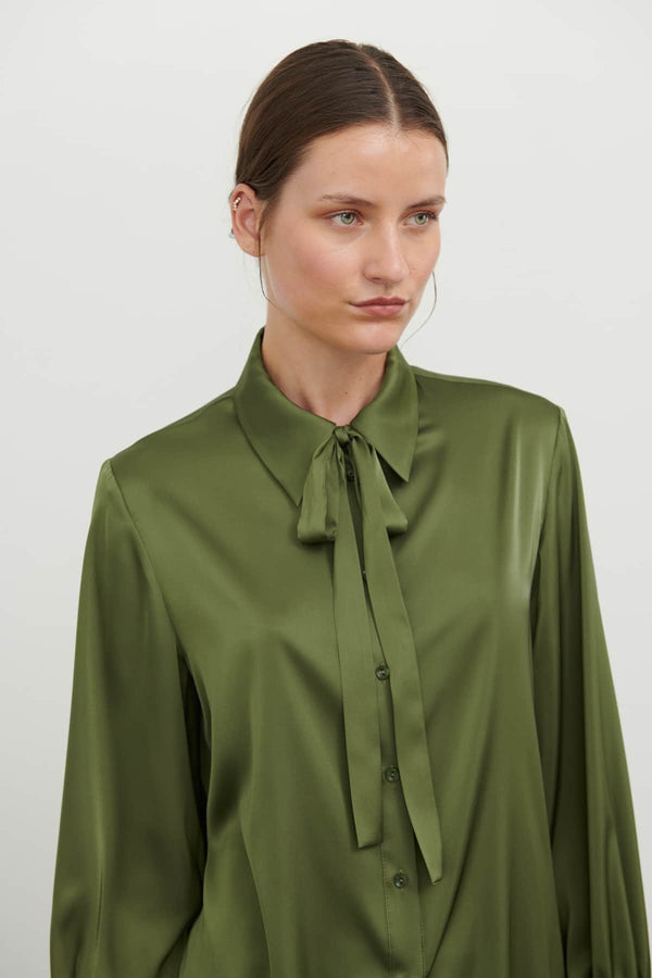 Roman Satin Shirt With Tie Detail Khaki