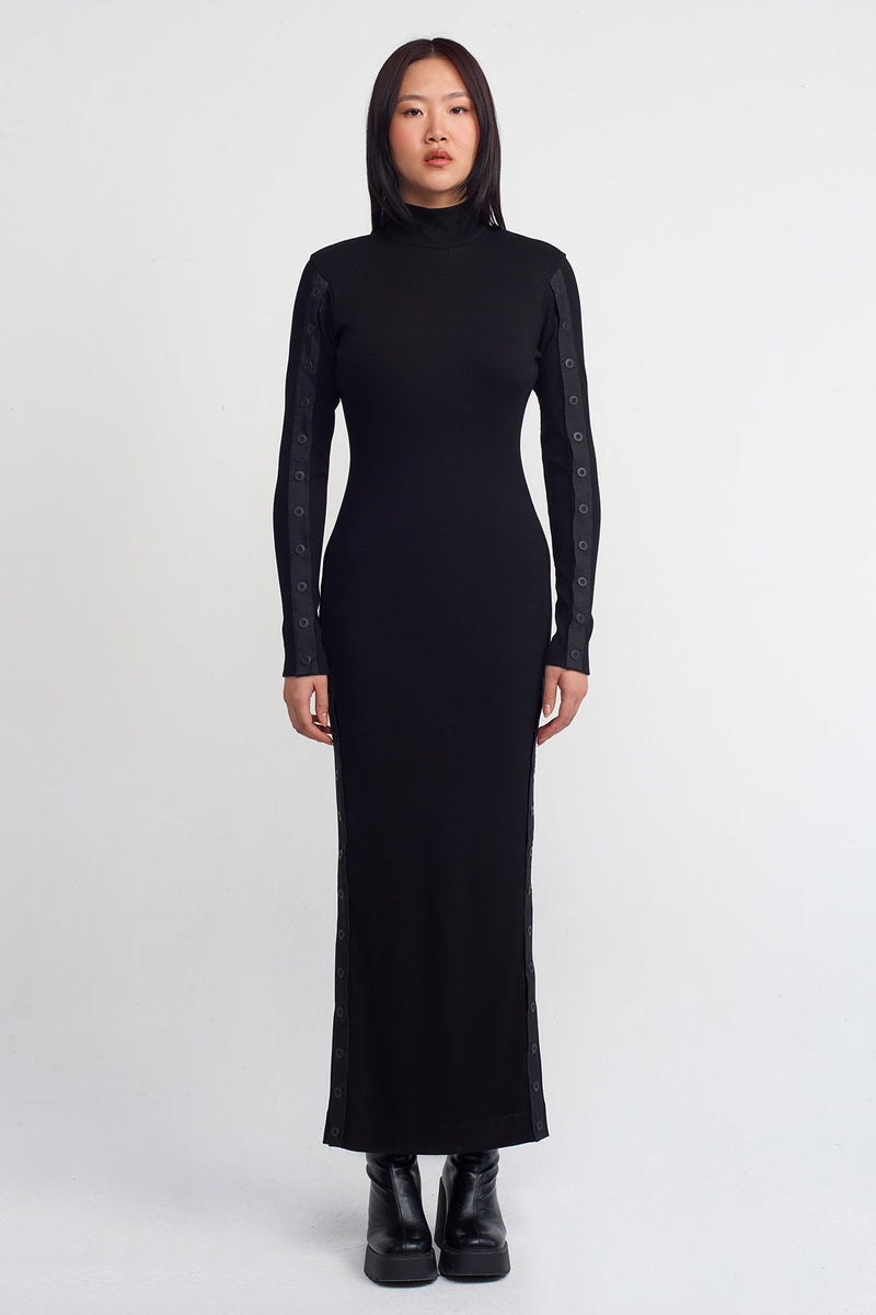 NU Snap Detail Ribbed Dress Black