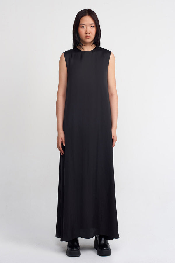 NU Satin Long Dress With Side Slits Black