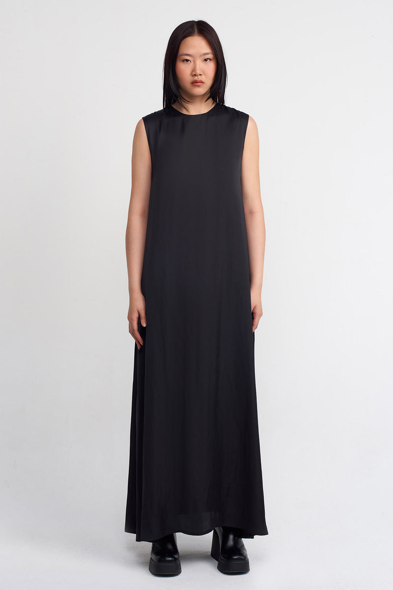 NU Satin Long Dress With Side Slits Black