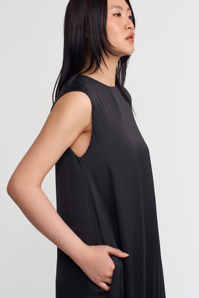 NU Satin Long Dress With Side Slits Black