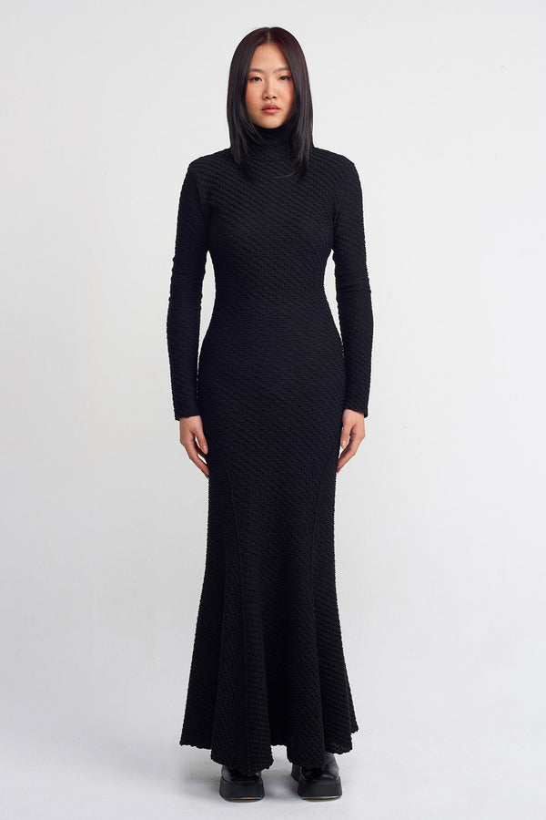 Nu Textured Fabric Slim Long Dress Black