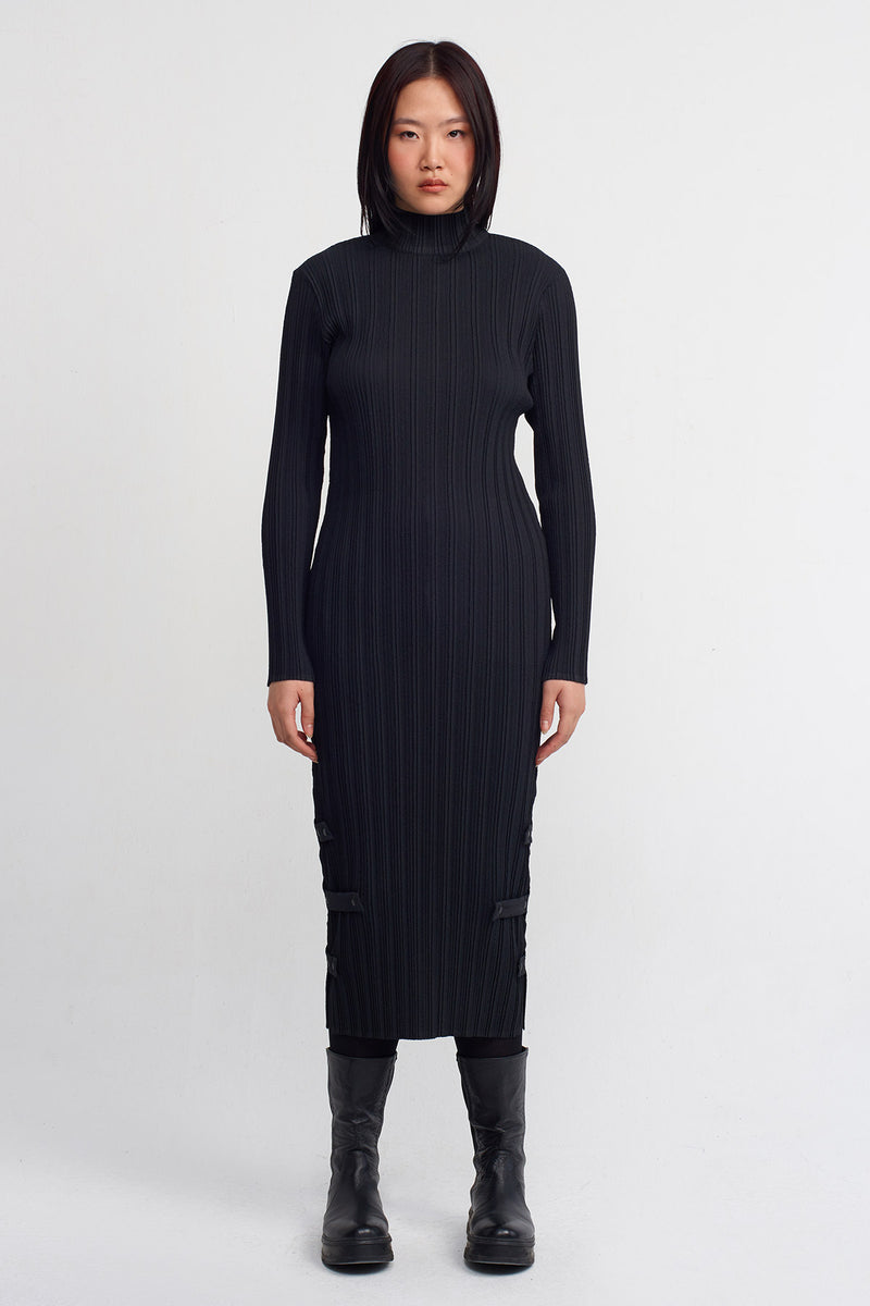 NU Snap Detail Pleated Midi Dress Black